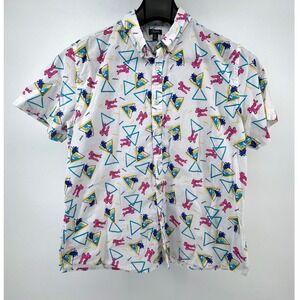 City Streets Button Down Mens XL White Beach Bum Retro 80s Neon Print Shirt